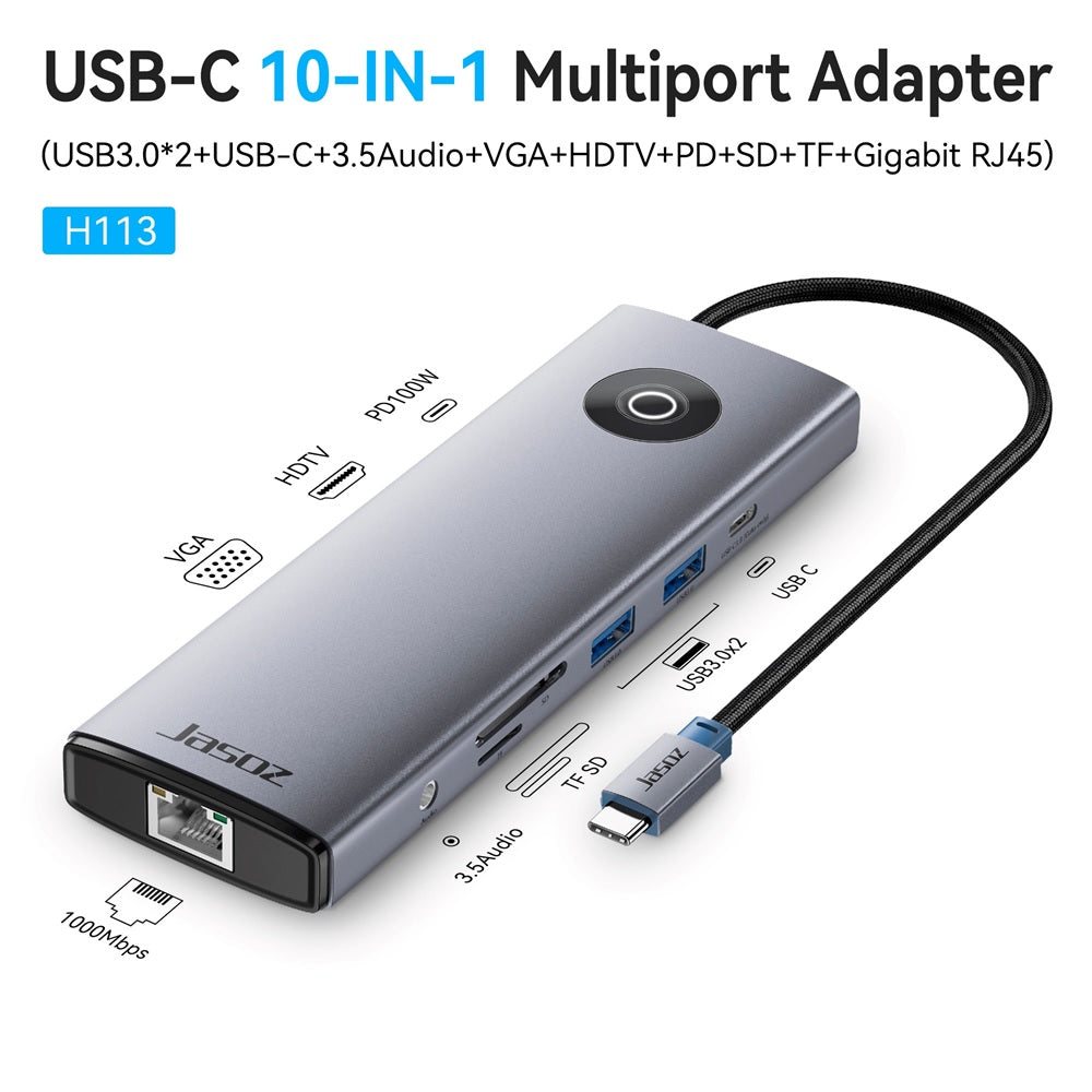 Jasoz H113 USB-C Hub To HDMI VGA Audio RJ45 Card Reader USB3.0 PD100W Type-C 10in1 Multi-port Convertor Adapter Jasoz