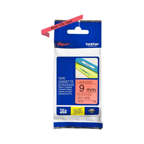 Brother Genuine TZe-421 Labelling Tape Cassette – Black on Red, 9mm wide Brother