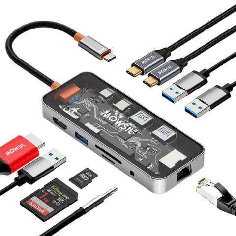 Mowsil 10-in-1 USB-C Hub Docking Station 100W PD HDMI 4K 60Hz RJ45 USB SD/TF Audio MacBook iPad Mowsil