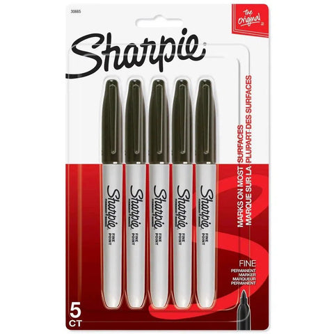 Sharpie Permanent Markers, Fine Point Black 5 Pack ColorWaves