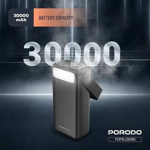 30000mAh Lara Power Bank Built-in Cables Porodo Fast Charge - Black Porodo