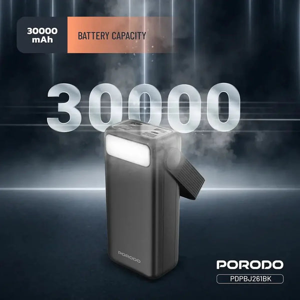 30000mAh Lara Power Bank Built-in Cables Porodo Fast Charge - Black
