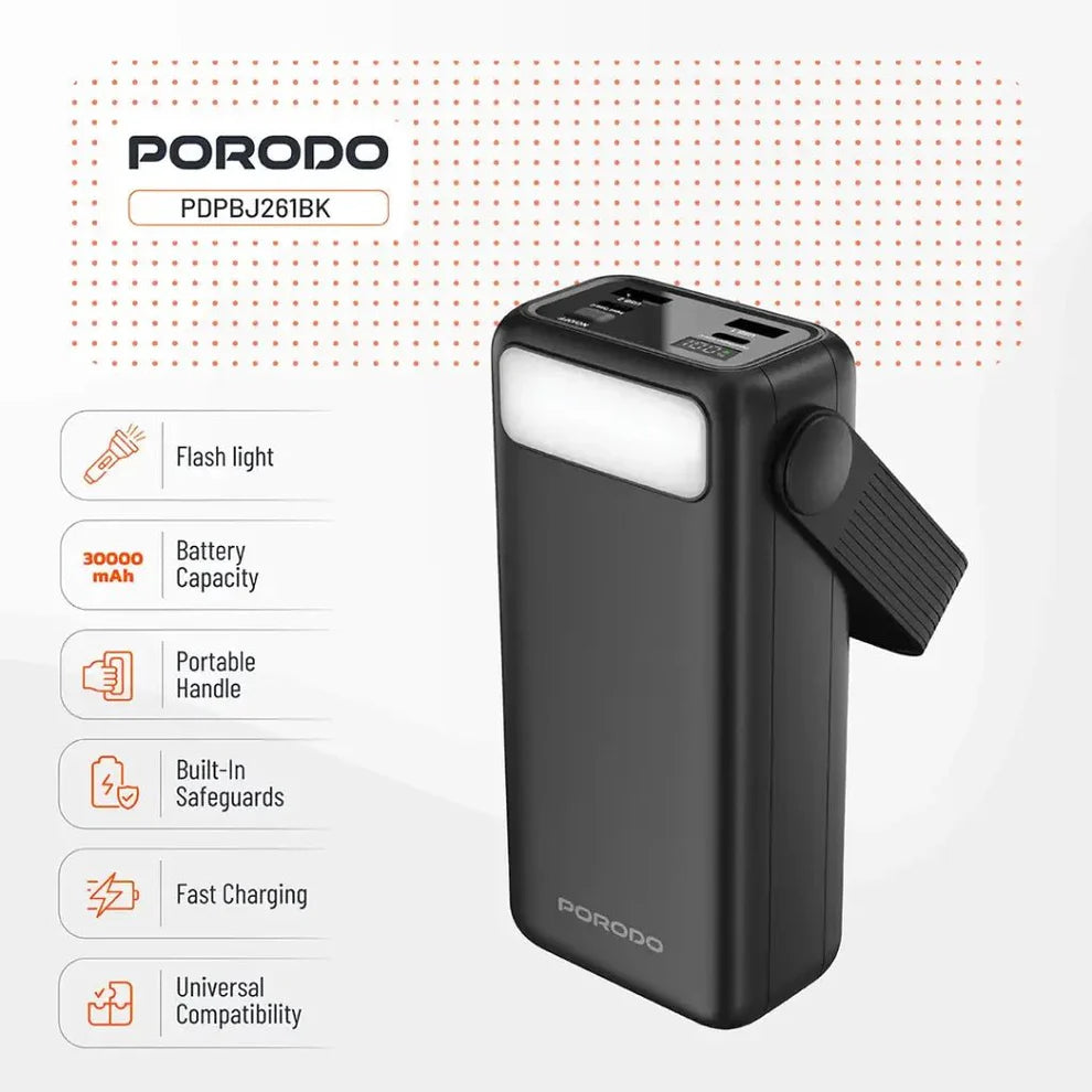 30000mAh Lara Power Bank Built-in Cables Porodo Fast Charge - Black Porodo