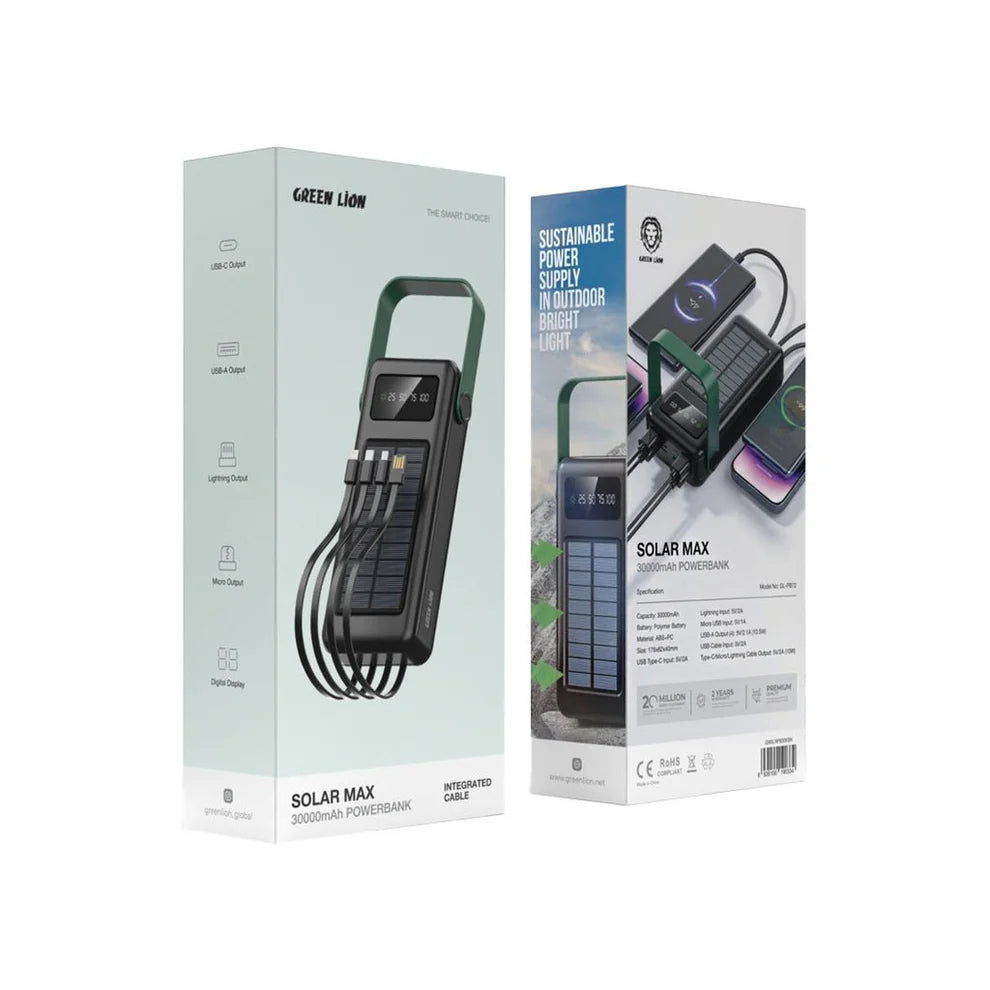 30,000mAh Power Bank Green Lion Solar Max Portable Charger - Black Green Lion