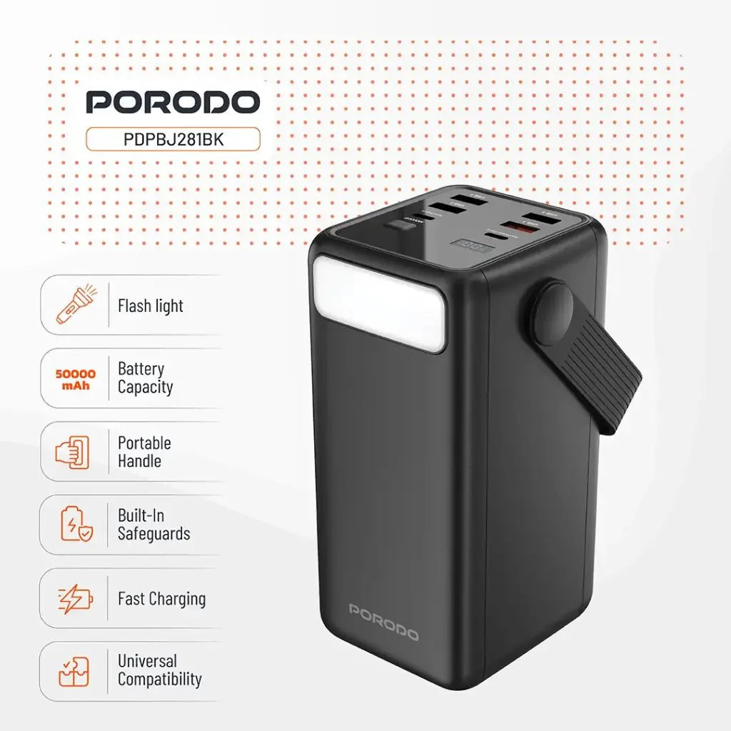 50,000mAh Power Bank Porodo Lara with Integrated Cables & Flashlight - Black Porodo