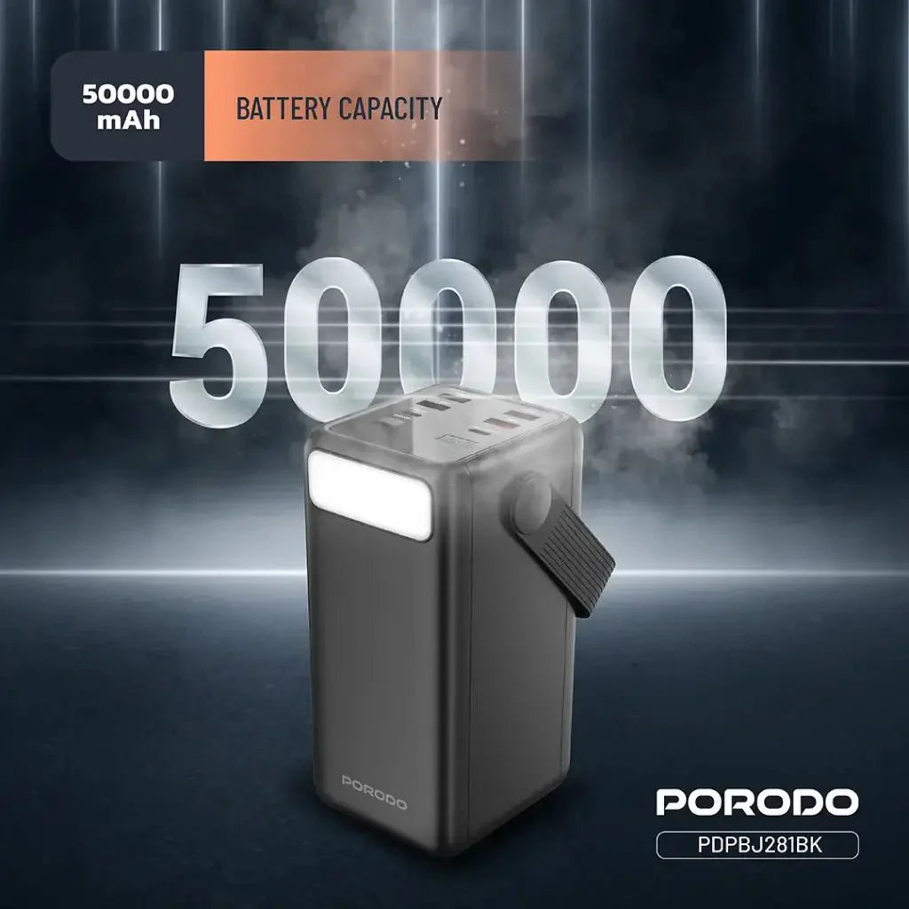 50,000mAh Power Bank Porodo Lara with Integrated Cables & Flashlight - Black Porodo