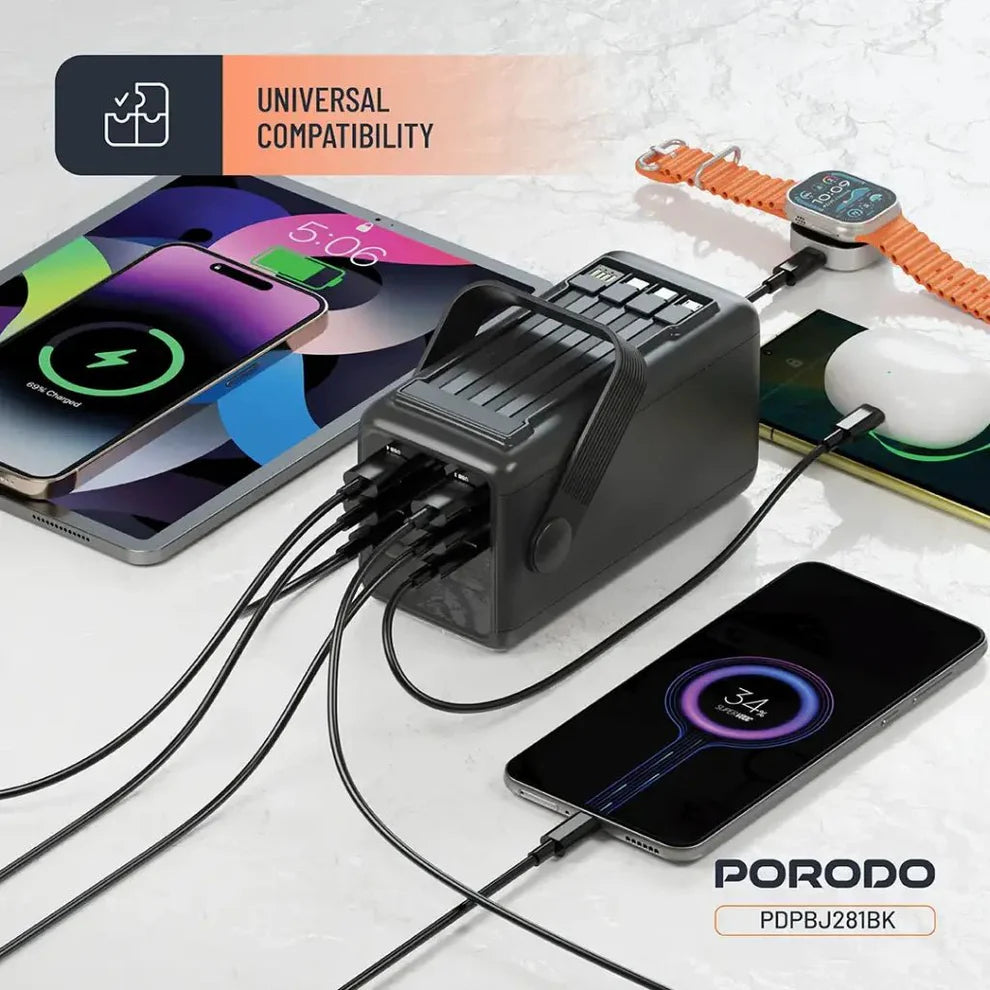 50,000mAh Power Bank Porodo Lara with Integrated Cables & Flashlight - Black Porodo
