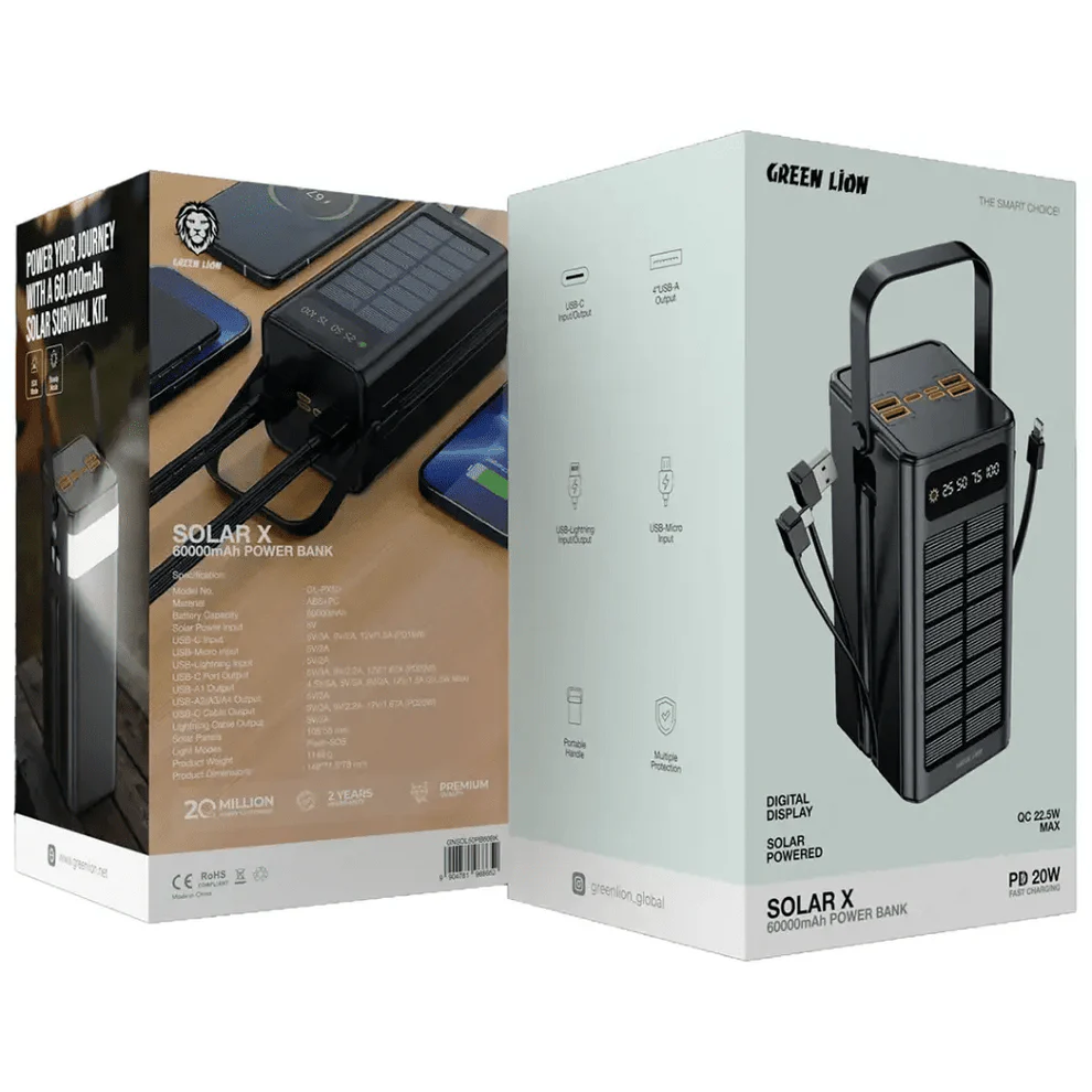 60,000mAh Power Bank Green Lion Solar X PD 20W Fast Charging - Black Green Lion