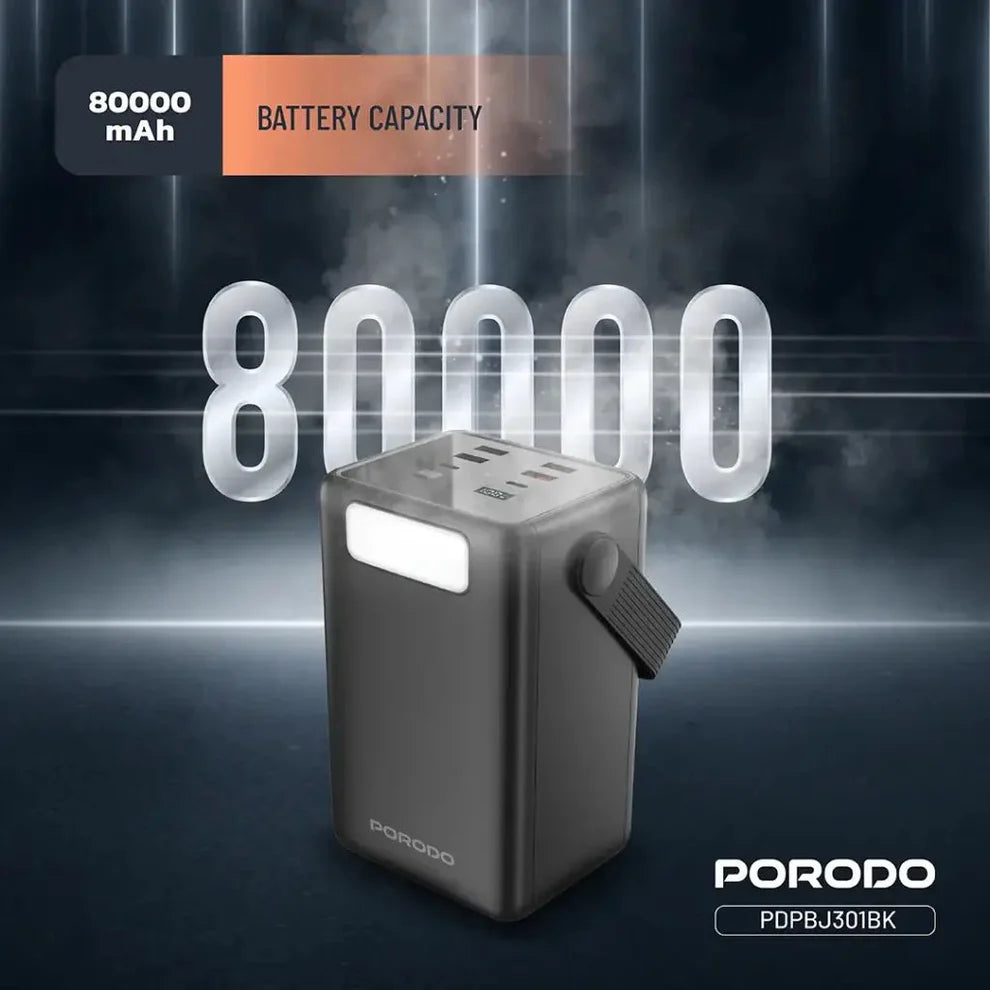 80000mAh Lara Power Bank Built-in Cables Porodo Fast Charge - Black Porodo