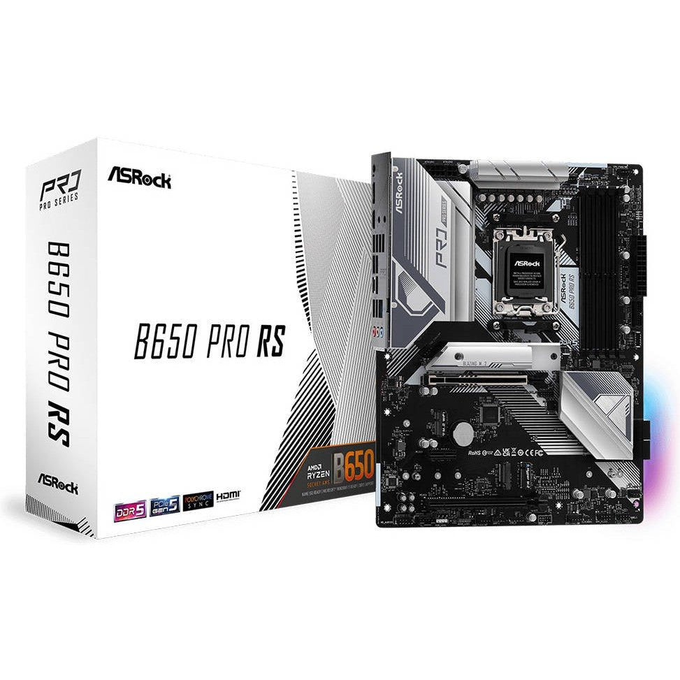 ASRock B650 Pro RS AM5 ATX Motherboard, AMD B650 Chipset, 4x Dual Channel DDR5 128GB Max, 2.5 Gigabit LAN,1 x M.2, PCIe Gen3x2 & SATA3, 1 x HDMI 2.1 / DP1.4, USB 3.2 / 2.0 ColorWaves