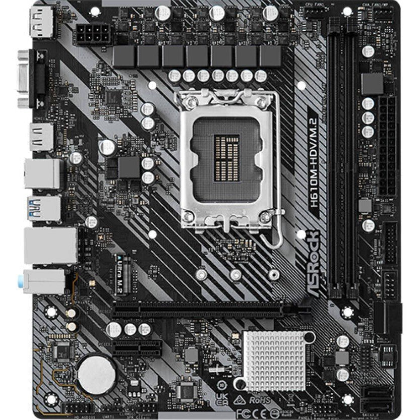 ASRock H610M-HDV/M.2 R2.0 mATX Motherboard, Supports 14th, 13th And 12th Gen Intel Processors, LGA1700 Socket, Gigabit LAN, 4xSATA 3, Dual Channel DDR4 RAM Up To 3200Mhz, M.2 ColorWaves