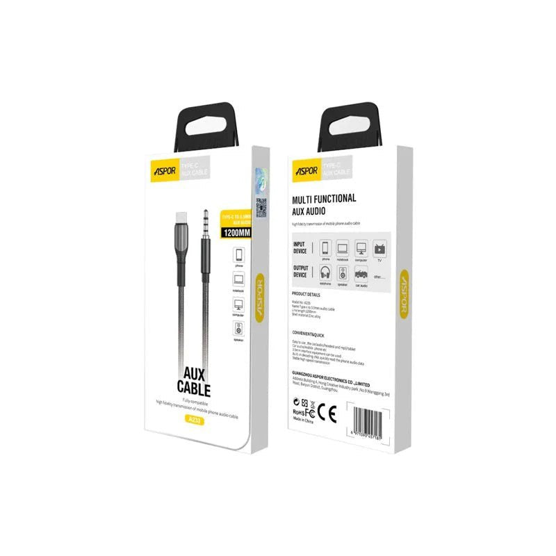 Aspor A233 Type-C Audio Cable - 3.5mm / 1.2 Meter / Black ColorWaves