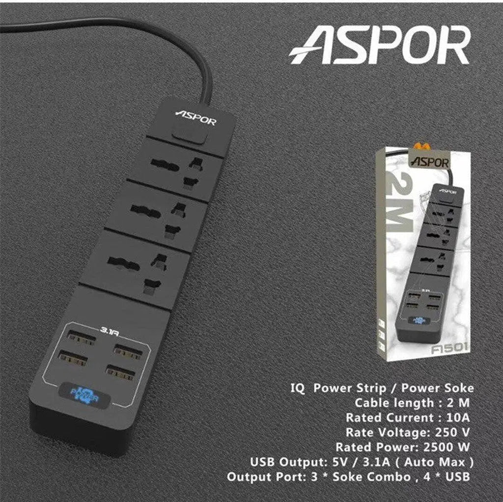 Aspor A501 Power Strip 3X Soke Combo 4 Usb Output Port Uk Plug ColorWaves