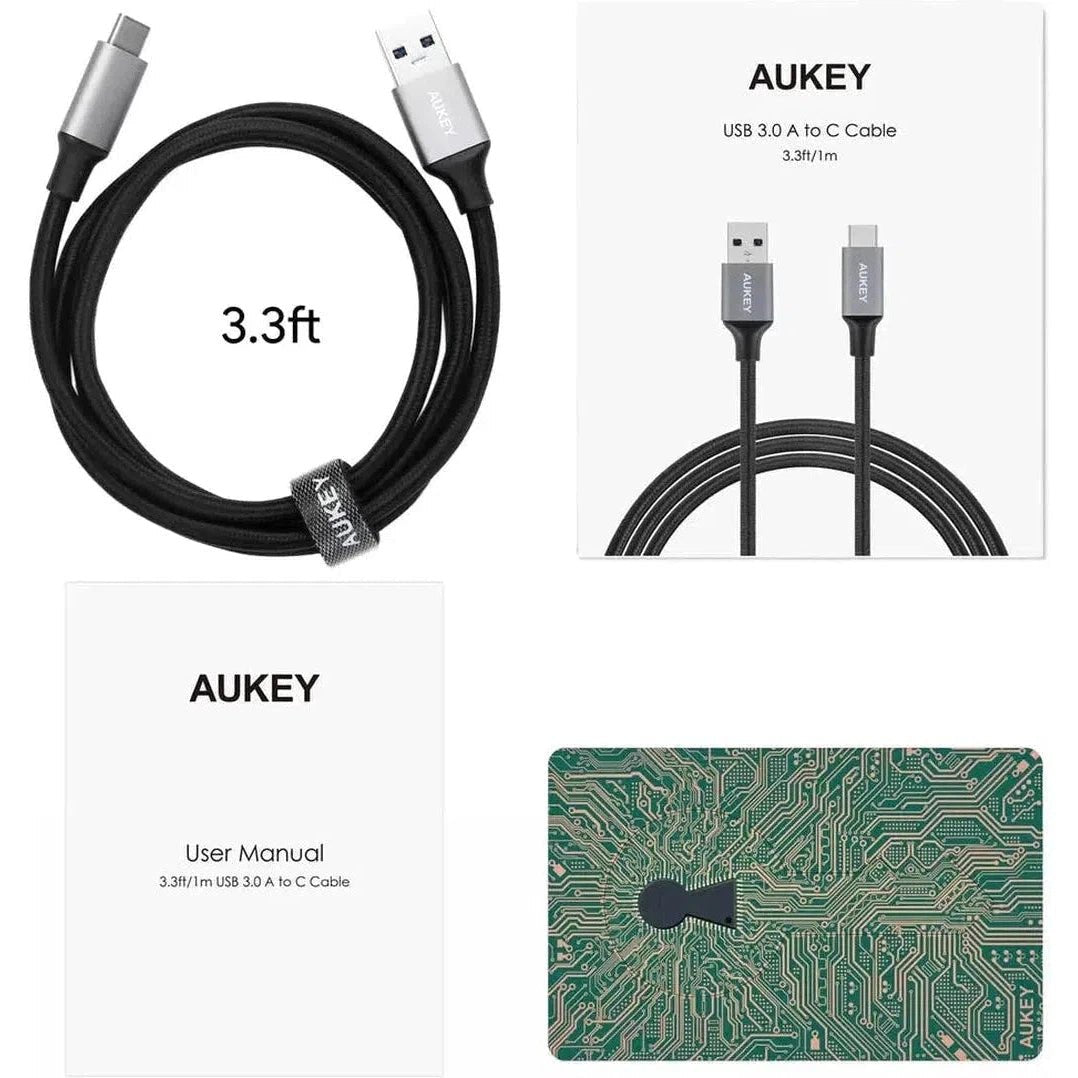 Aukey Braided Nylon Usb 3.0 To Usb-C 1M Cable - Black ColorWaves