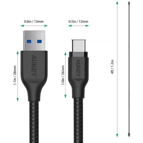 Aukey Braided Nylon Usb 3.1 Gen1 To Usb-C 1.2M Cable - Black ColorWaves