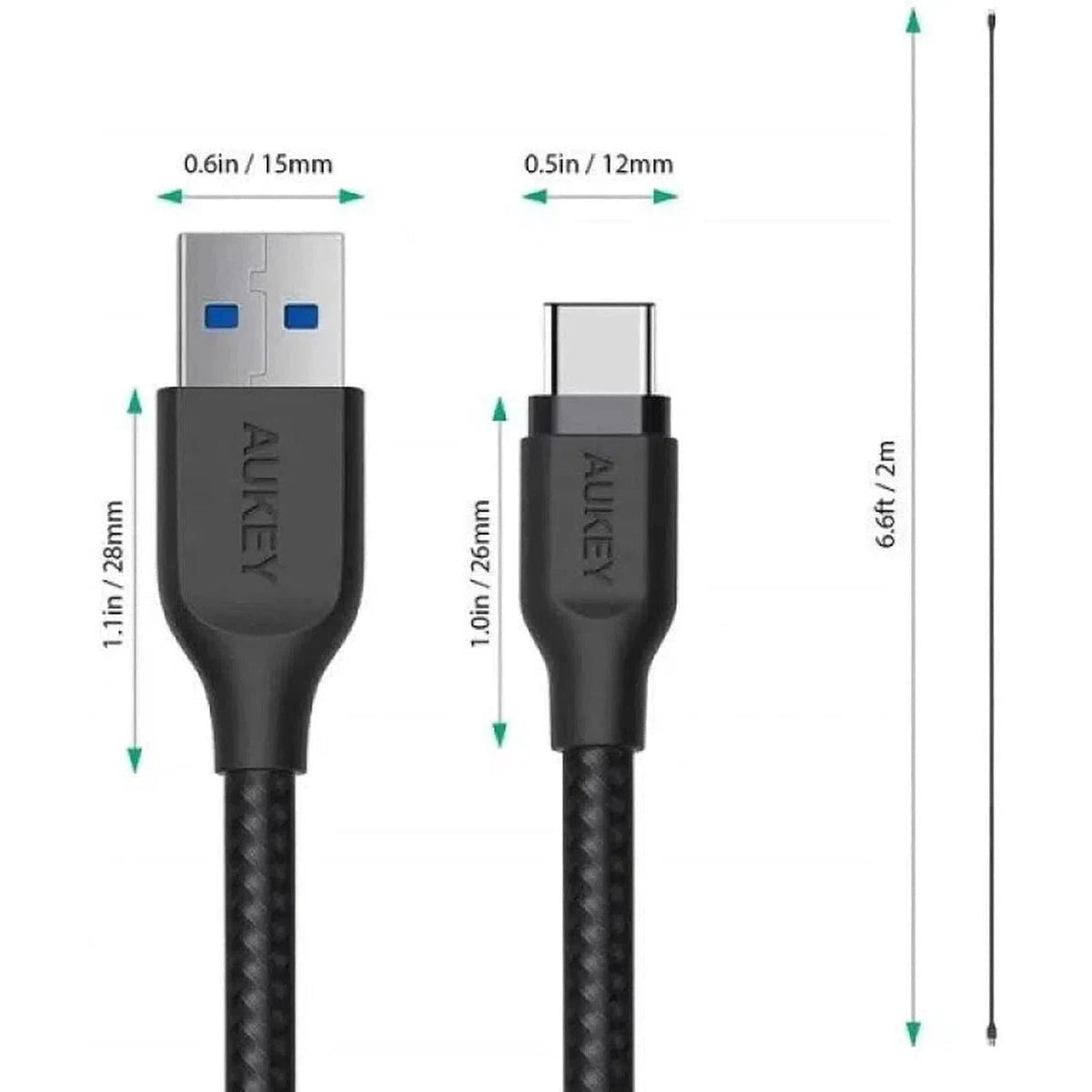Aukey Braided Nylon Usb 3.1 Gen1 To Usb-C 2M Cable - Black ColorWaves