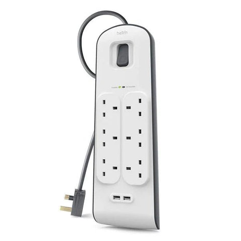 Belkin 6 Way Surge Protection Strip - 2M With 2 X 2.4Amp Usb Charging Power Extension - White ColorWaves