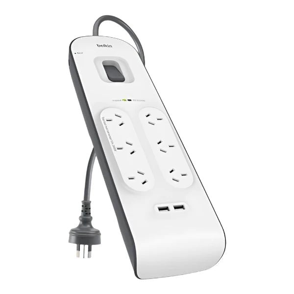 Belkin 6 Way Surge Protection Strip - 2M With 2 X 2.4Amp Usb Charging Power Extension - White ColorWaves