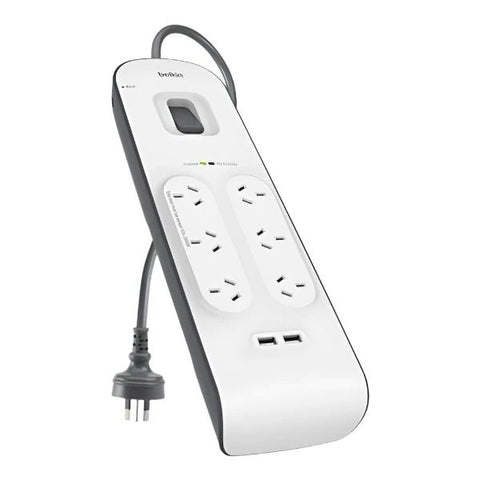 Belkin 6 Way Surge Protection Strip - 2M With 2 X 2.4Amp Usb Charging Power Extension - White ColorWaves