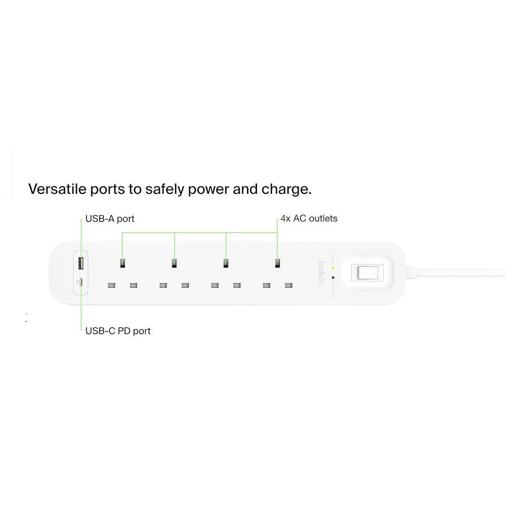 Belkin Surge Protector 4 Outlet/18W USB-A/USB-C/2Mtr- SRB001AR2M ColorWaves