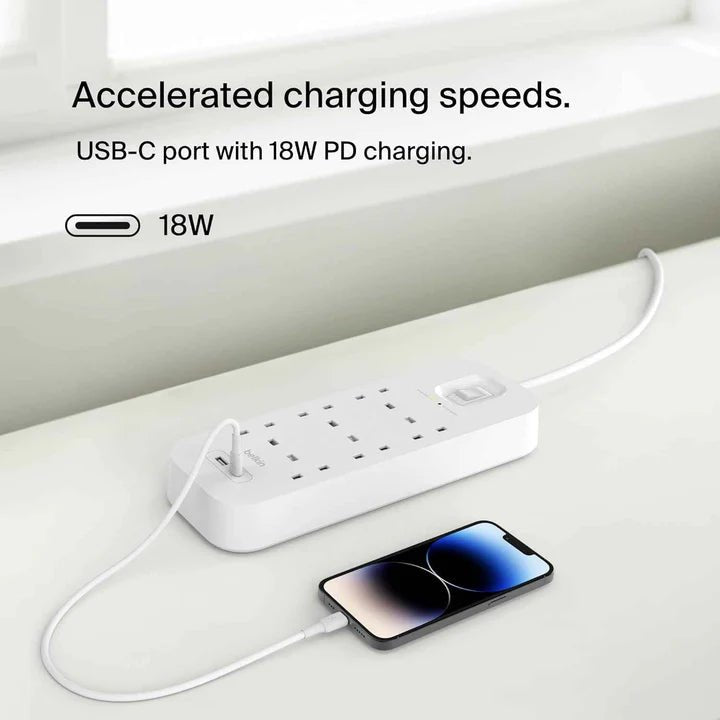 Belkin Surge Protector 6 Outlet/18W USB-A/USB-C/2Mtr-SRB002AR2M ColorWaves