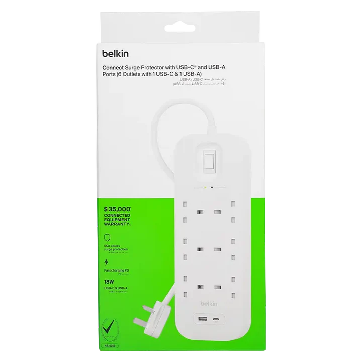 Belkin Surge Protector 6 Outlet/18W USB-A/USB-C/2Mtr-SRB002AR2M ColorWaves