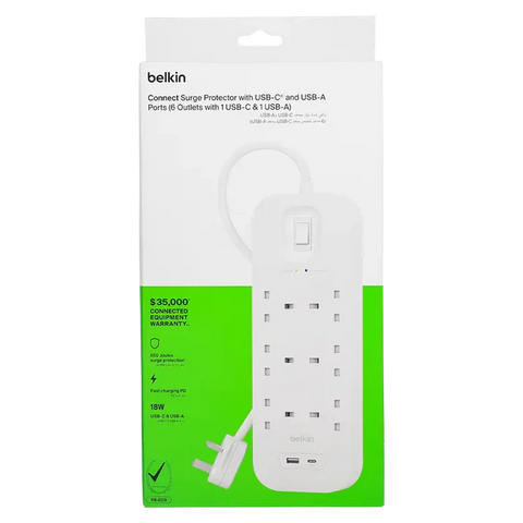 Belkin Surge Protector 6 Outlet/18W USB-A/USB-C/2Mtr-SRB002AR2M ColorWaves
