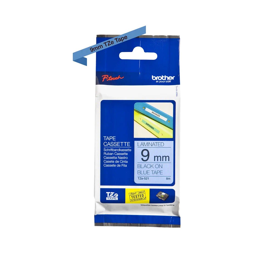 Brother Genuine TZe-521 Labelling Tape Cassette – Black on Blue, 9mm wide Brother