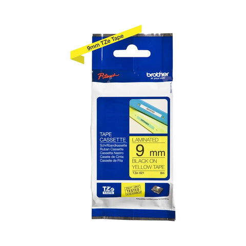 Brother Genuine TZe-621 tape - black on yellow, 9mm wide Brother