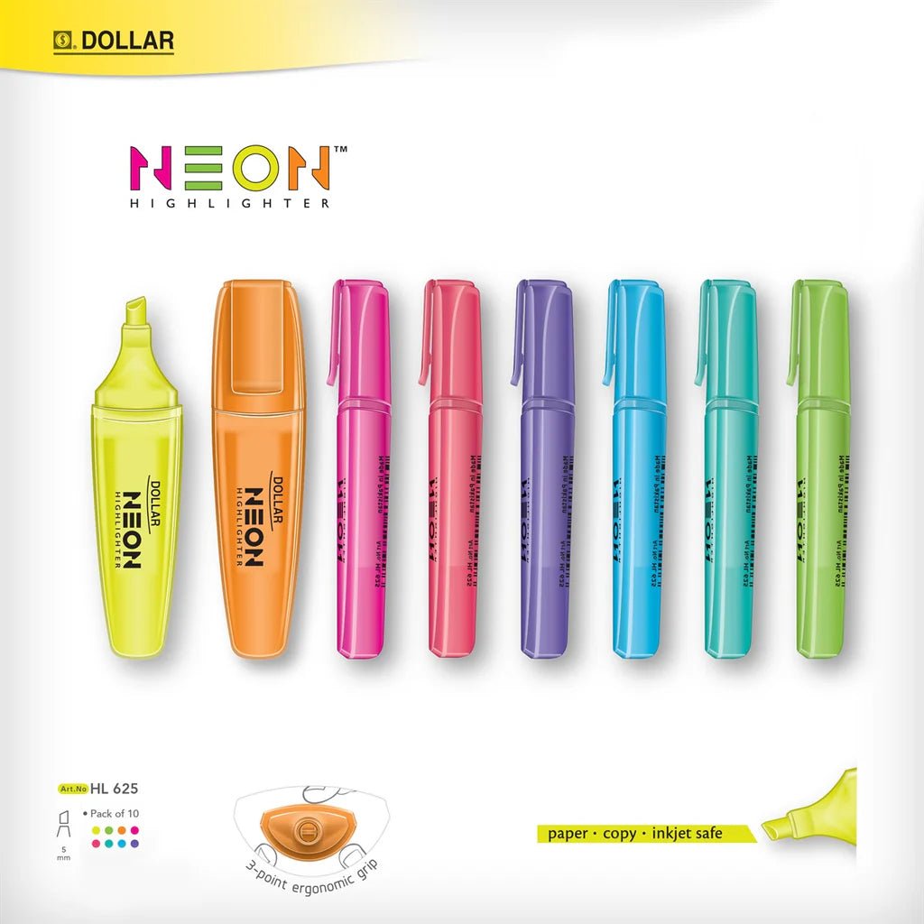 Dollar Neon Highlighter HL-625 Pack of 10's Single Color ColorWaves
