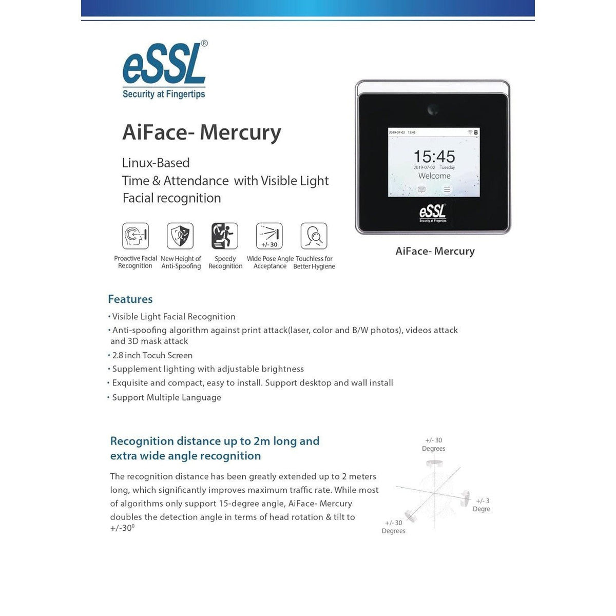 ESSL Biometric Face Recognition Attendence Machine AiFace Mercury ColorWaves