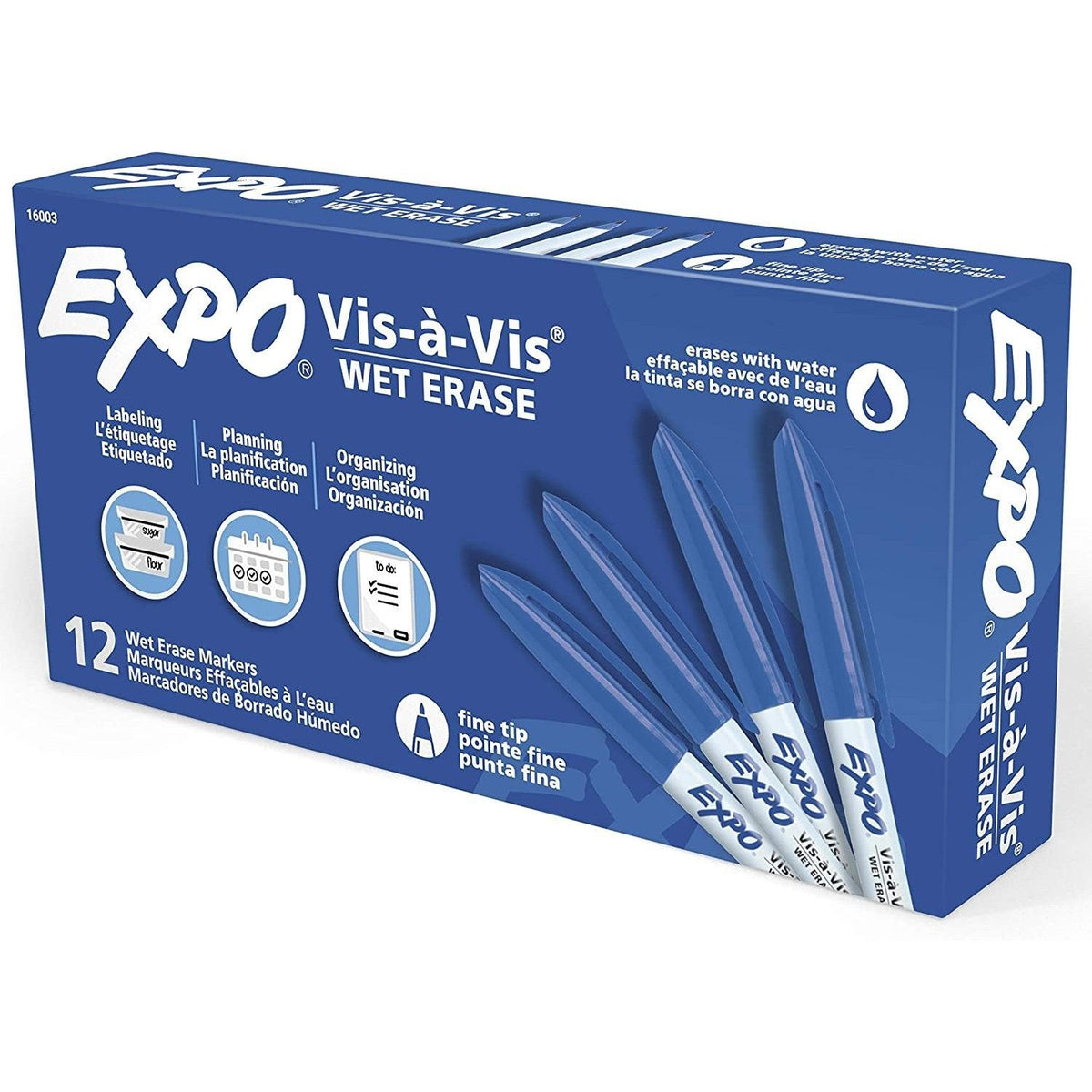 Expo Vis-A-Vis Wet Erase Markers, Fine Point, Blue, 12 Count ColorWaves