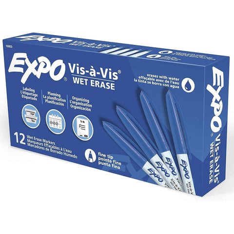 Expo Vis-A-Vis Wet Erase Markers, Fine Point, Blue, 12 Count ColorWaves