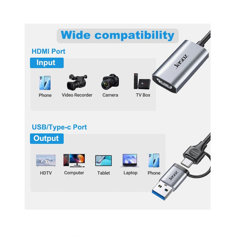 Jasoz G158 Video Capture Card USB-A/USB-C to HDMI Dual Port FHD Video Grabber Adapter Jasoz