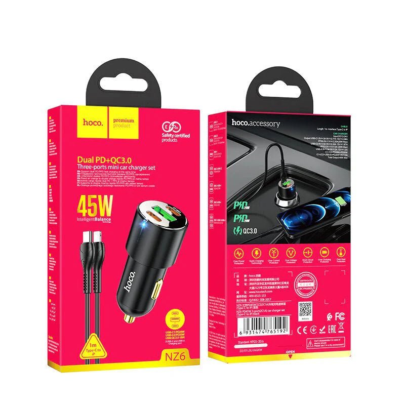 HOCO NZ6 Car Charger - 45W / USB-C / Lightning / Black Hoco