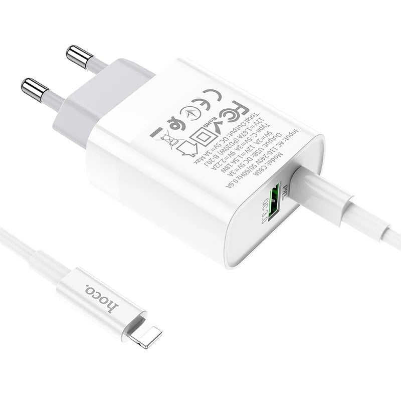 Hoco Fast Charger Set with Cable - 20W / Type-C / Lightning / White Hoco