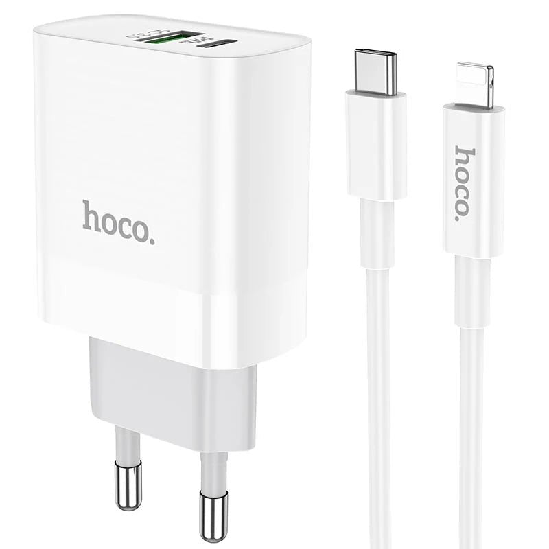 Hoco Fast Charger Set with Cable - 20W / Type-C / Lightning / White Hoco