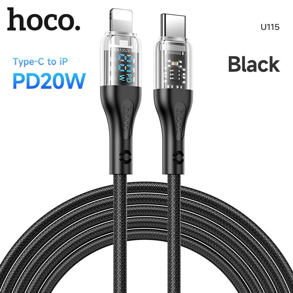 Hoco U115 Lightning to Type C PD 20W Transparent Data Cable With Display – 1.2 Meter / Black Hoco