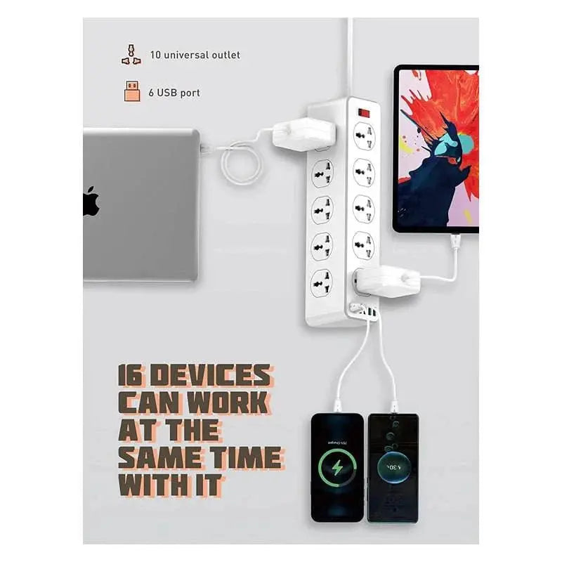 Ldnio 10 Outlet Power Socket - 10 Way / USB-C / 2 Meters / White Ldnio