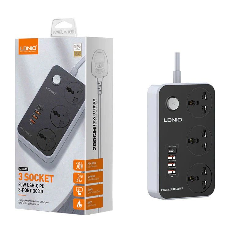 Ldnio 3 Extension Power Socket - 3 Way / USB / 2 Meters Ldnio