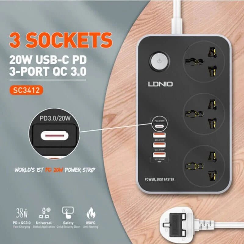Ldnio 3 Extension Power Socket - 3 Way / USB / 2 Meters Ldnio