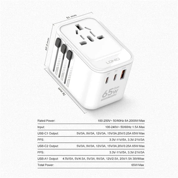 Ldnio 3 USB Ports 65W GaN Travel Converter Adapter Z6 Ldnio