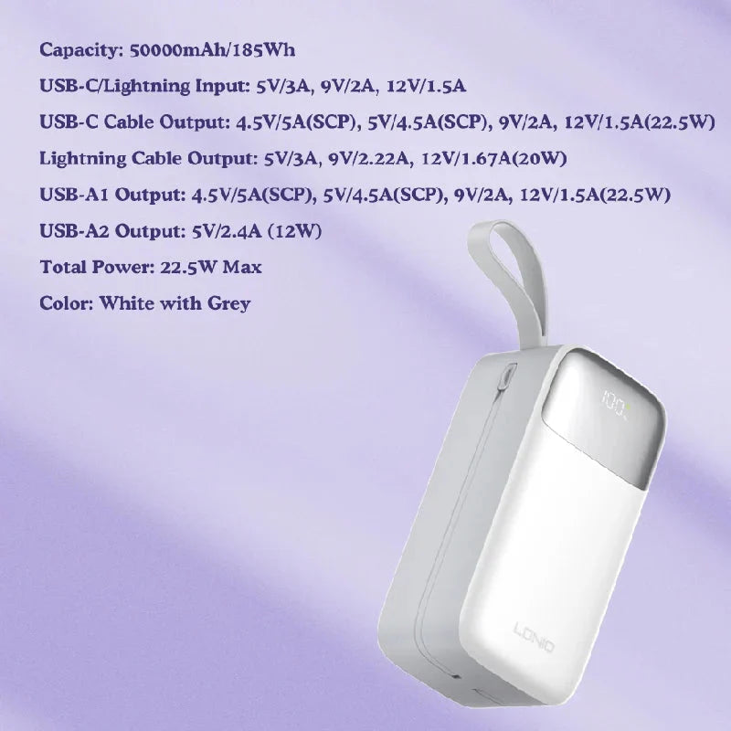 Ldnio PQ50 Fast Charging Power Bank - 50,000mAh / 22.5W / White Ldnio