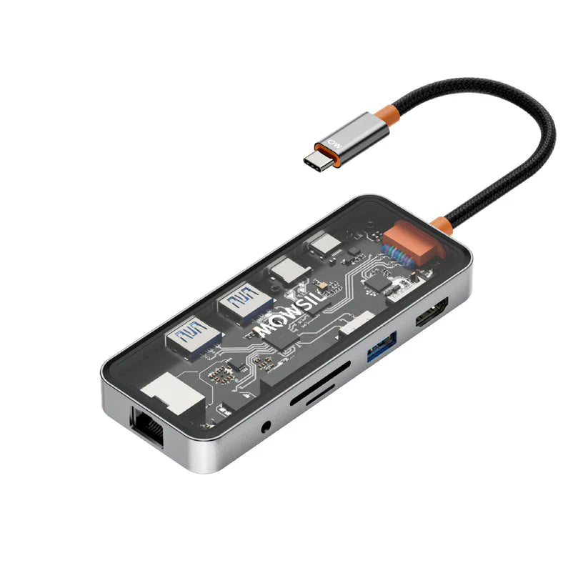 Mowsil 10-in-1 USB-C Hub Docking Station - 100W PD / HDMI 4K / RJ45 / USB / SD/TF / Audio / Transparent Mowsil