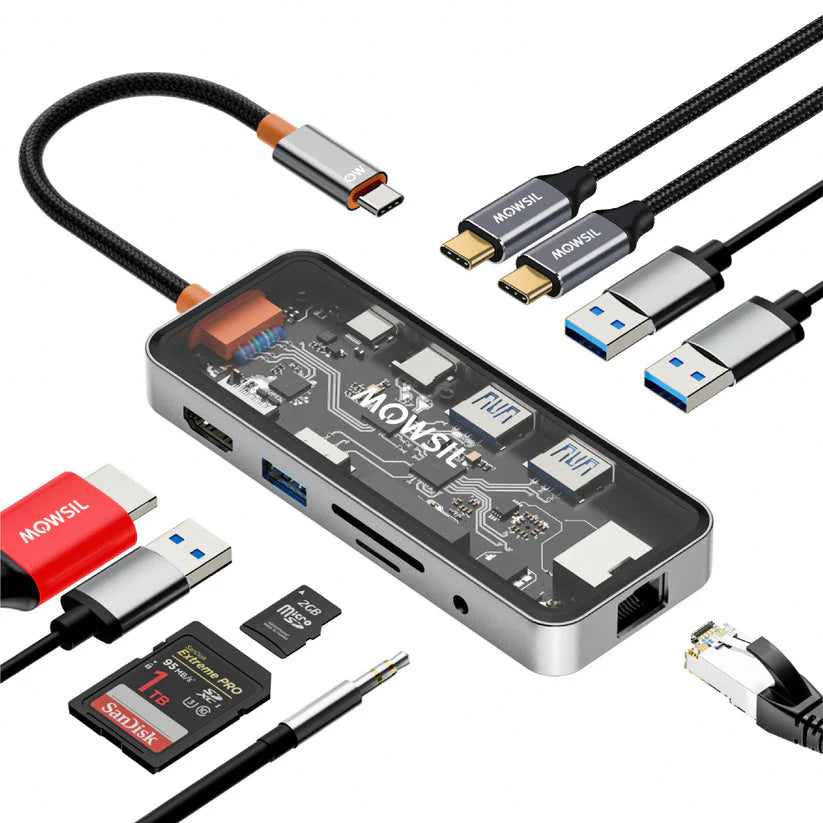 Mowsil 10-in-1 USB-C Hub Docking Station - 100W PD / HDMI 4K / RJ45 / USB / SD/TF / Audio / Transparent Mowsil