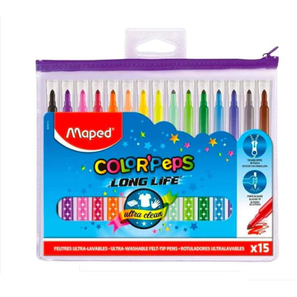 Maped Color Peps Long Life Ultra Washable Felt Tip Pens 15 Colors ColorWaves