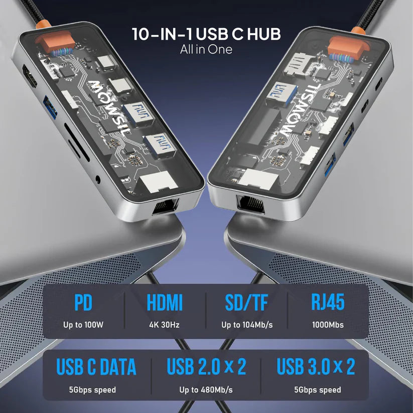 Mowsil 10-in-1 USB-C Hub Docking Station 100W PD HDMI 4K 60Hz RJ45 USB SD/TF Audio MacBook iPad Mowsil