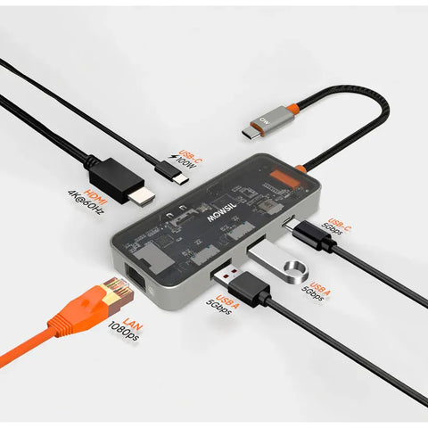 Mowsil 6-in-1 USB-C Hub Docking Station 4K@60Hz HDMI 100W PD RJ45 2×USB 3.0 & USB-C Data MacBook iPad Mowsil