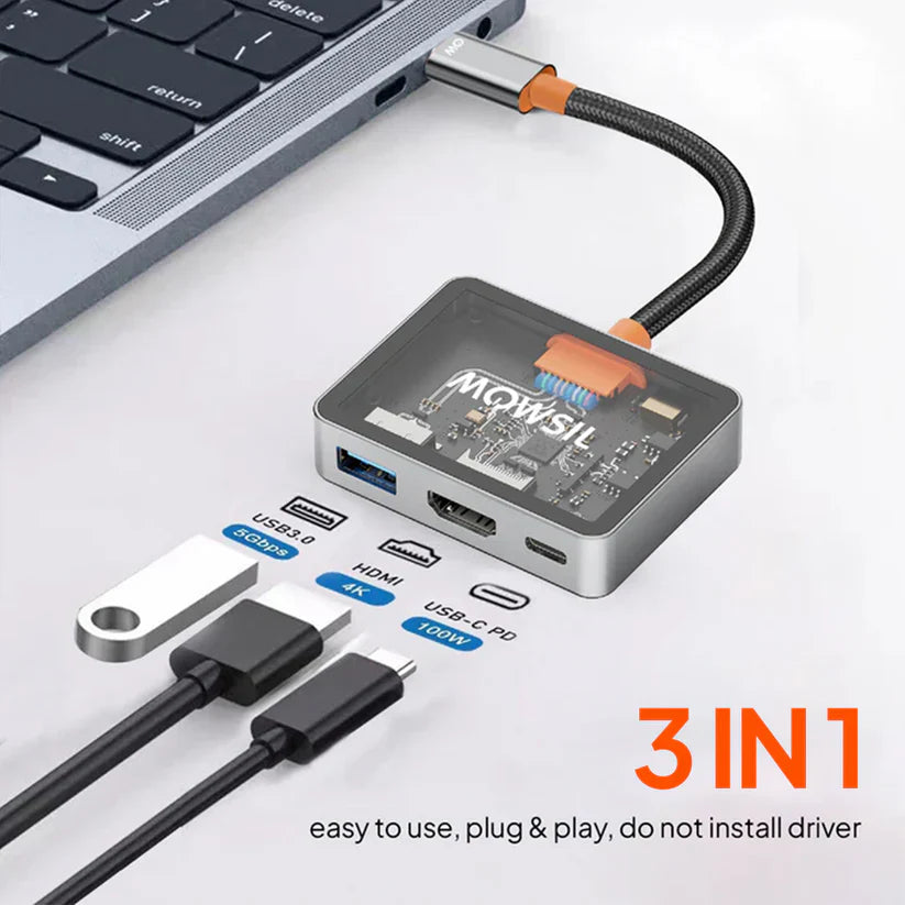 Mowsil USB-C to HDMI Multiport Adapter – 4K@60Hz, USB-A 5Gbps & 100W PD, Zinc Alloy 3-in-1 Dock for MacBook Mowsil