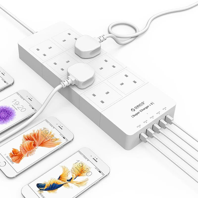 ORICO 8 AC Outlet Surge Protector with 5 USB Charging Port - White ColorWaves